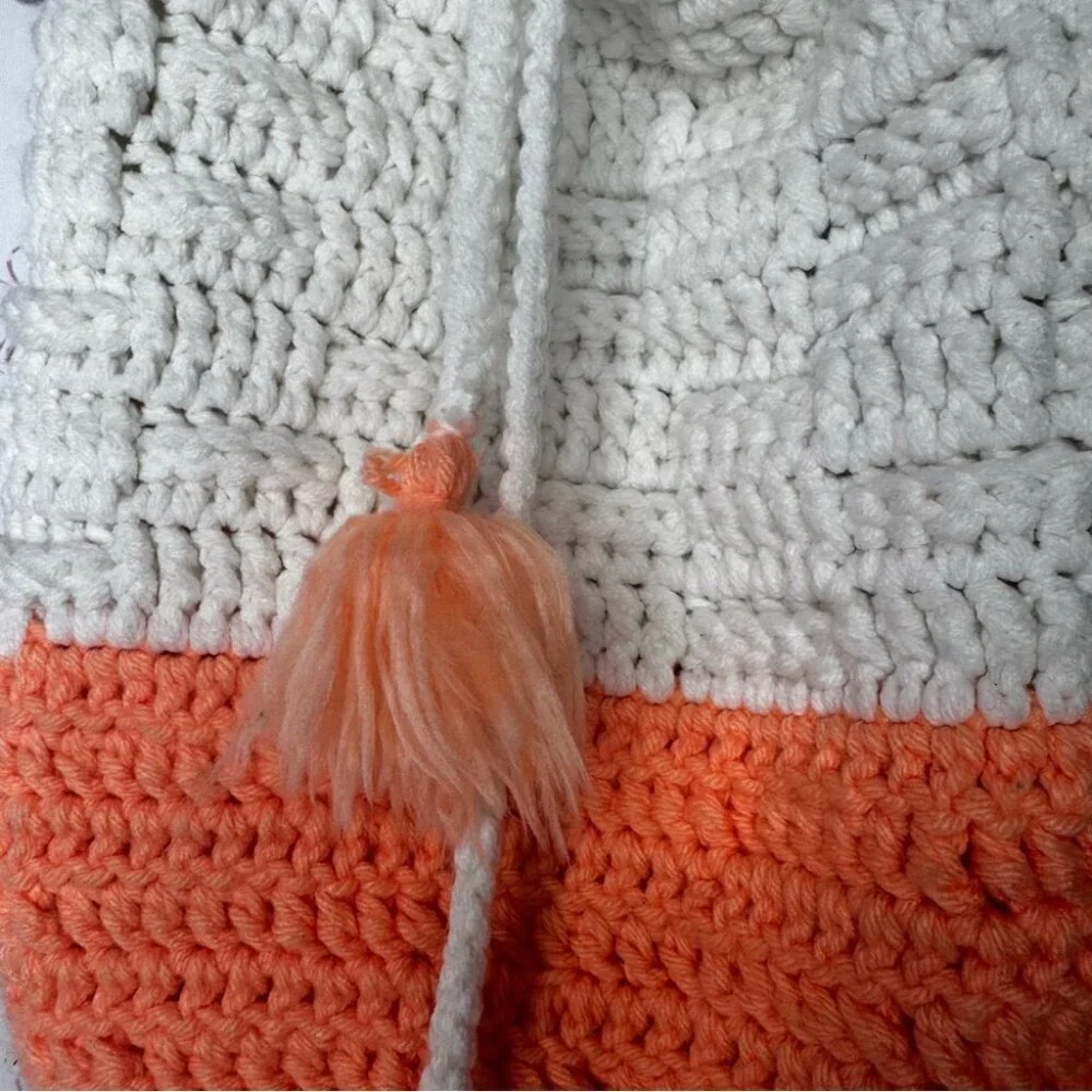 Tote handmade puff tassle Pom Pom Orange and White Crochet Shoulder Bag